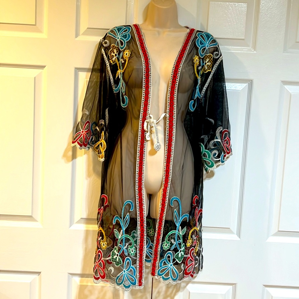Embroidered Black Mesh Beach/Pool Kimono CoverUp-Scalloped Bell Sleeves-NEW-Sz M